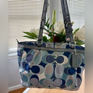 Coach Y2K Signature Gallery Blue Scarf Print Sateen Tote Bag